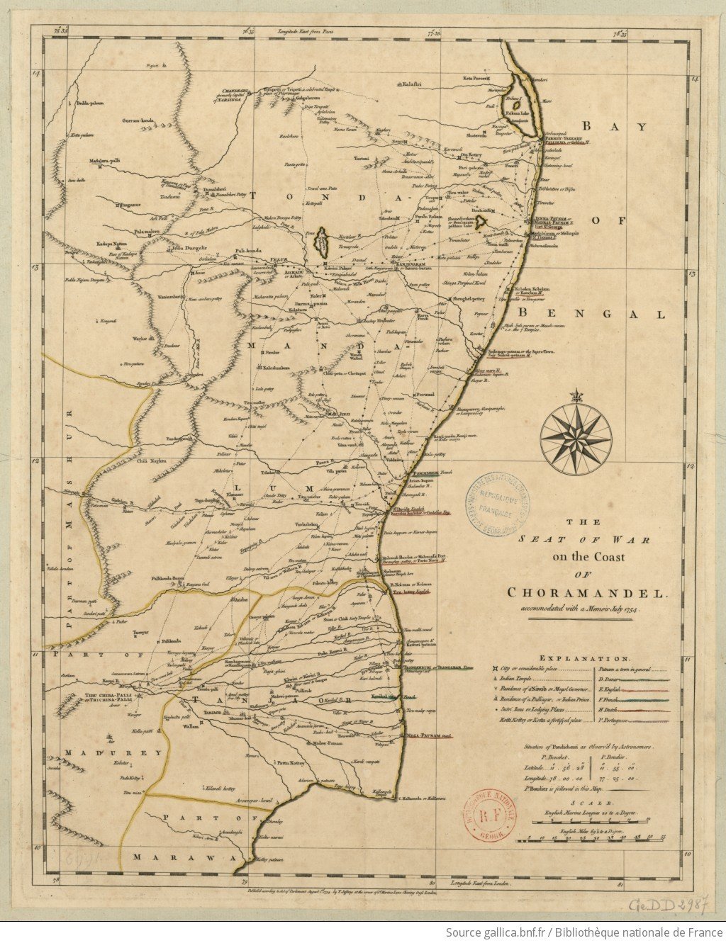 The seat of war on the coast of Choromandel Map showing the positions of different European  East India Company forts along the Southeast Indian coast Thomas Jeffreys  London, England, 1754 Bibliothèque nationale de France