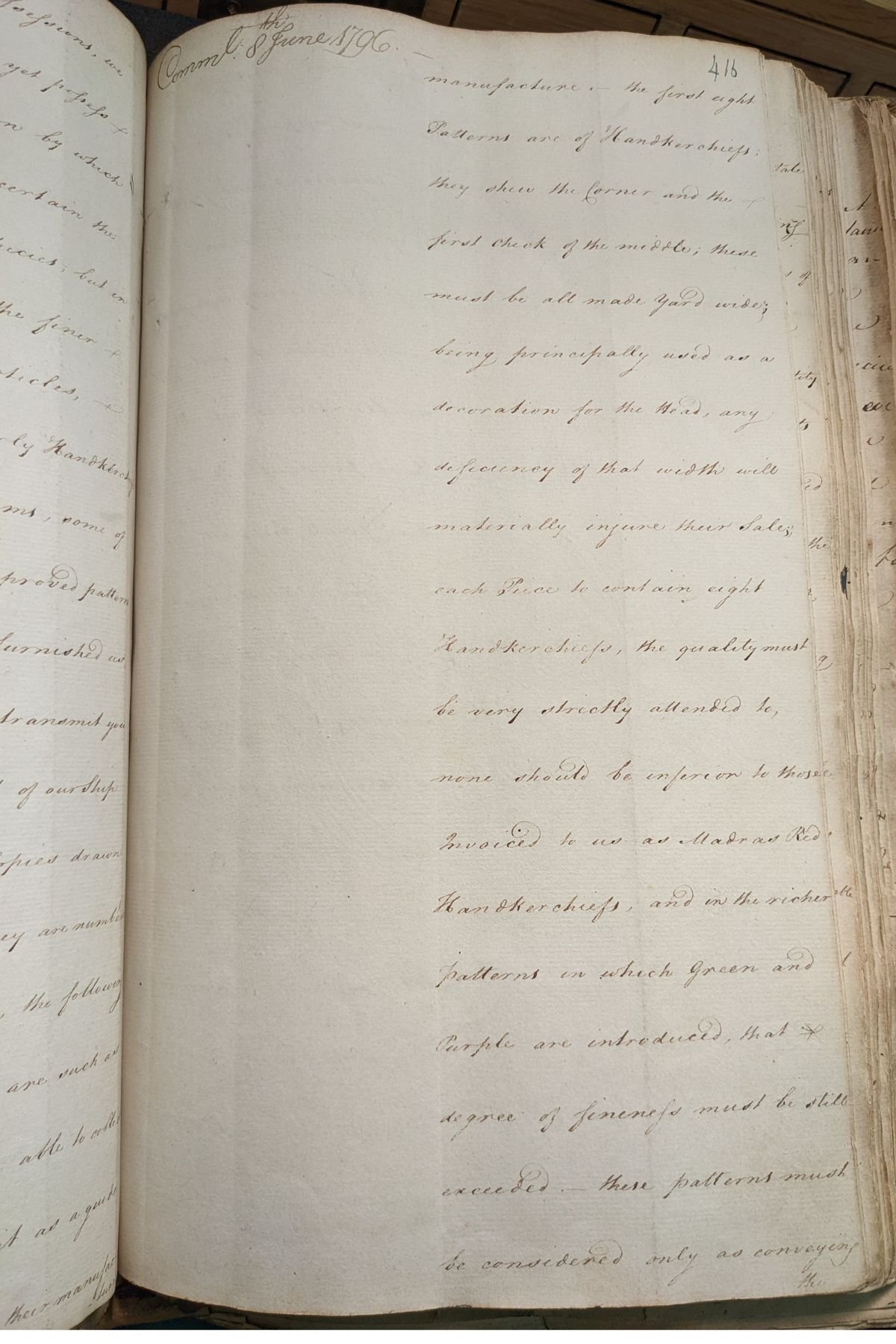 Page from an East India Company Commercial Department letter to ‘Our President in Fort St. George’ [Chennai, Tamil Nadu], 8 June1796  From the British Library Collection, IOR/E/4/882, p.416