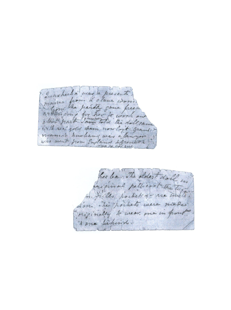 Hand-written label documenting the story of the dolls Written by a descendent of Maria Ahmuty in the 1850s Bristol Museum and Archives (transparent)