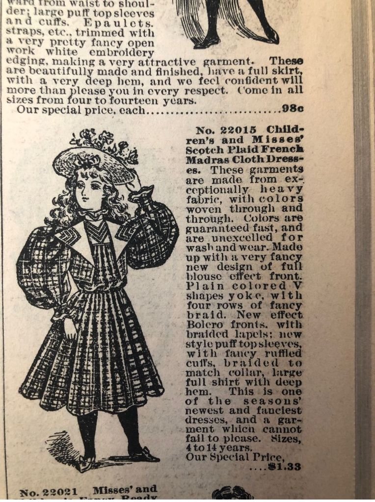 Ad for 'Scotch Plaid French Madras Cloth Dresses' Sears-Roebuck Advertisement, 1897