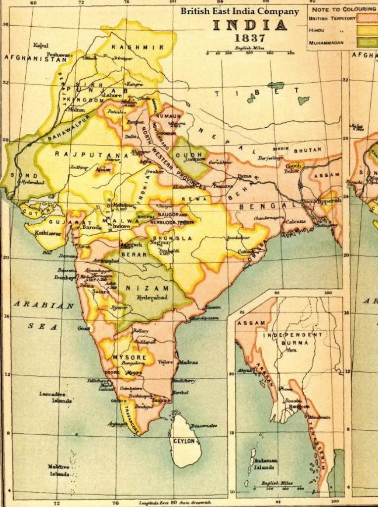 Indian territories controlled by the British East India Company in 1837 (in pink) Imperial Gazetteer of India Secretary of State for India in Council, OUP, 1907 Edinburgh Geographical Institute.