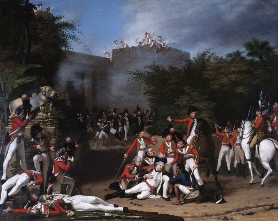The Death of Colonel Moorehouse at the Storming of the Pettah Gate of Bangalore, 7 March 1791 an assault which included Highland troops (with no tartan in their uniforms) Robert Home South India, 1793 National Army Museum, 1971-07-5-1