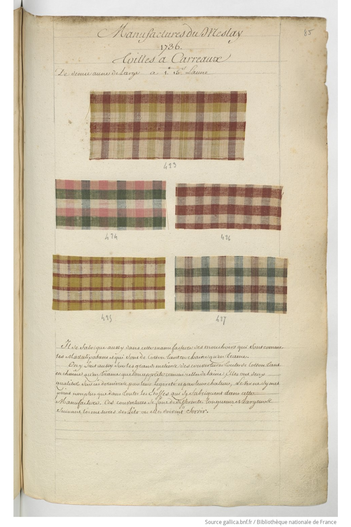 'Manufactures du Meslay, 1736, Toilles a Carreaux' from Echantillons d'Etoffes et Toiles des Manufactures de France Maréchal de Richelieu France, 1736 Bibliothèque nationale de France