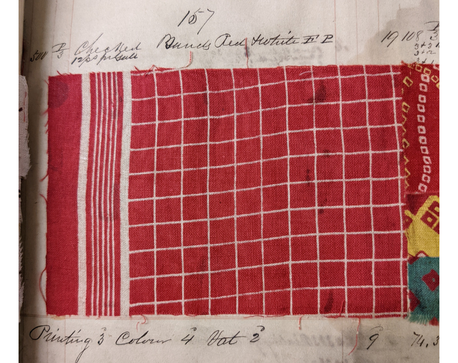 Sample swatch of a printed ‘Checked Band[ana] Red & White’ Records of United Turkey Red Co Ltd, Alexandria, West Dunbartonshire, Scotland, c.1856-61 Scottish Business Archive, University of Glasgow Archives and Special Collections, UGD13/8/2