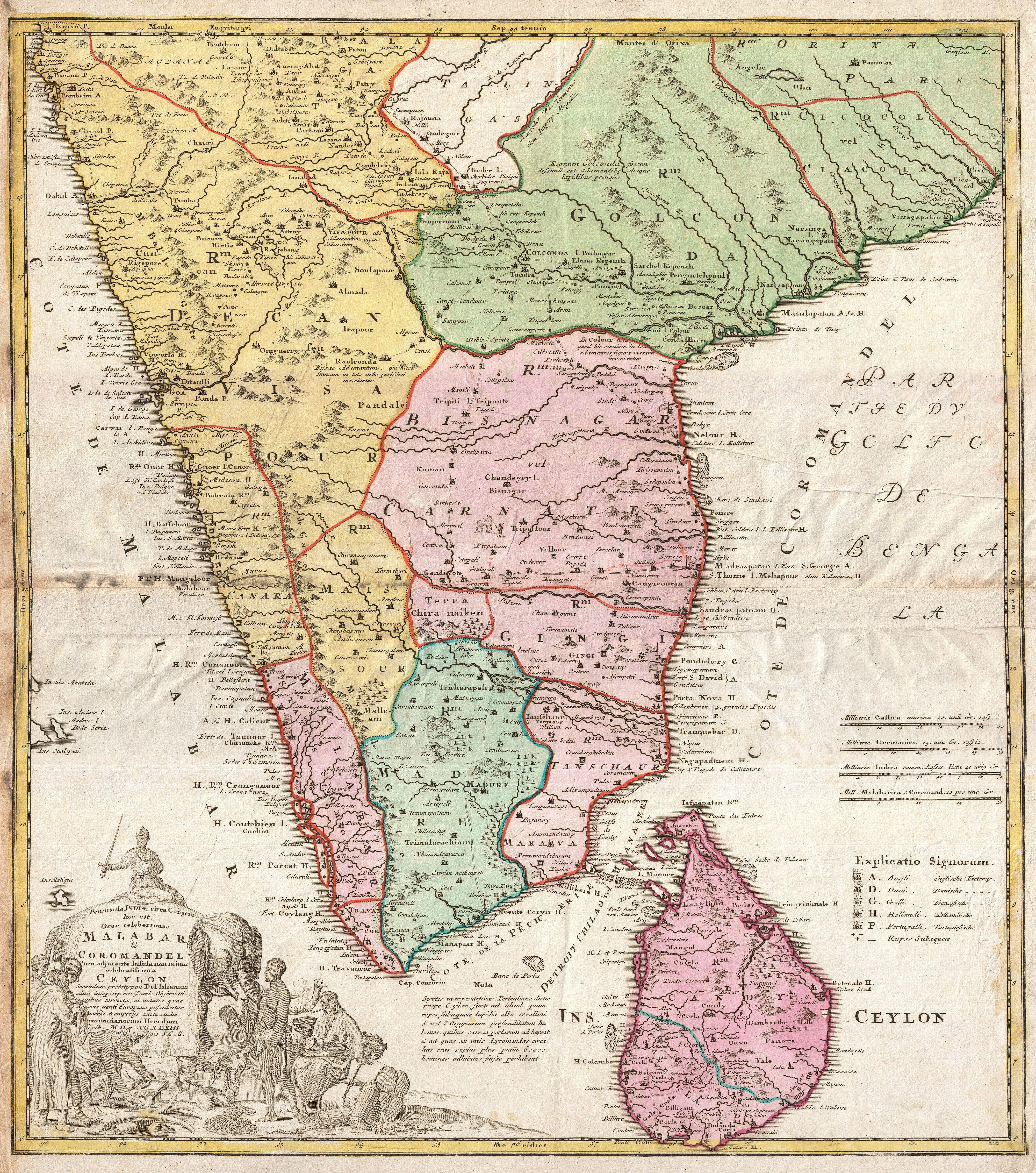 A rare map of India and Ceylon issued in 1733 by the Homann Heirs showing ports appended by English, French, Danish, Dutch or Portuguese flags to mark colonial enclaves.