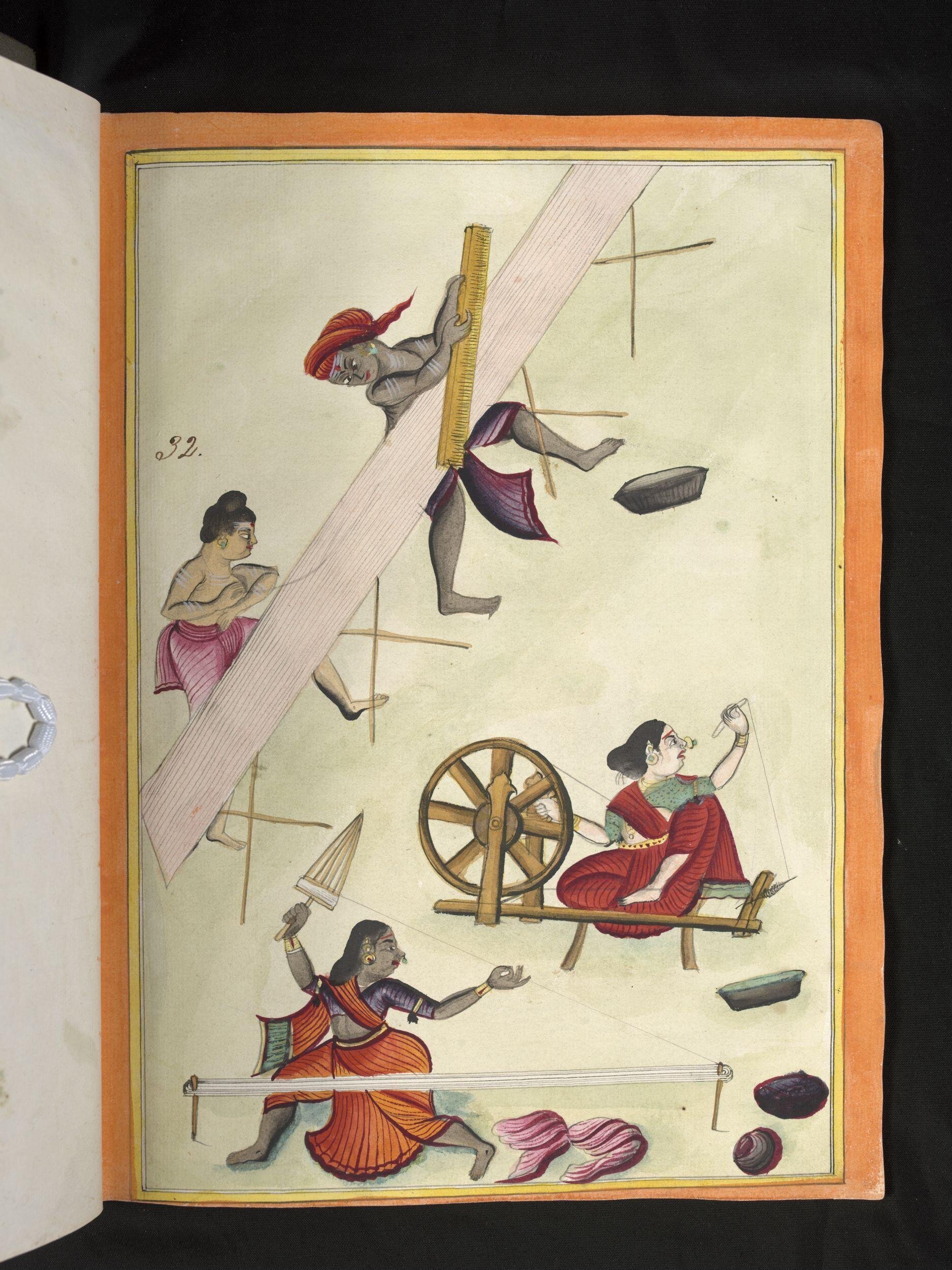 Artisans spinning, reeling, and starching cotton yarn for weaving Unknown artist Chennai, Tamil Nadu, c.1785 V&A, IS.75:32-1954