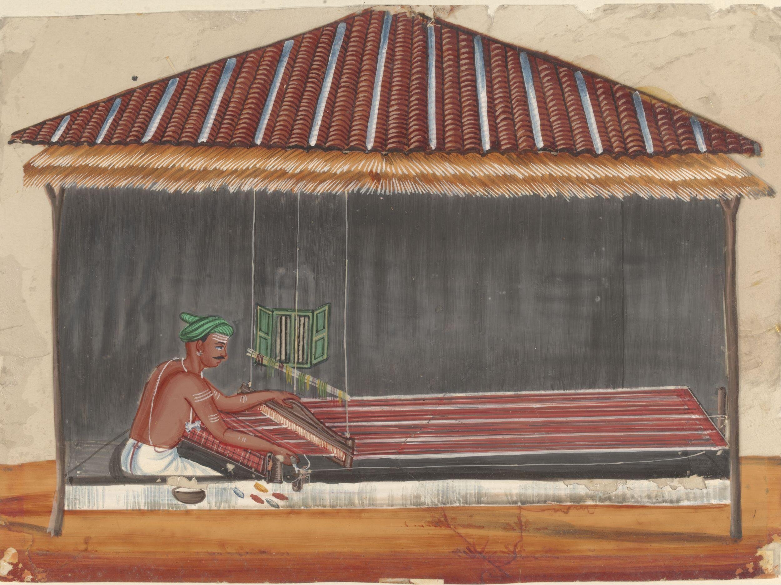 A weaver weaving checked cloth on a pit-loom, Unknown artist, Tiruchirappalli, Tamil Nadu, c.1860 V&A, 07363:15/(IS)